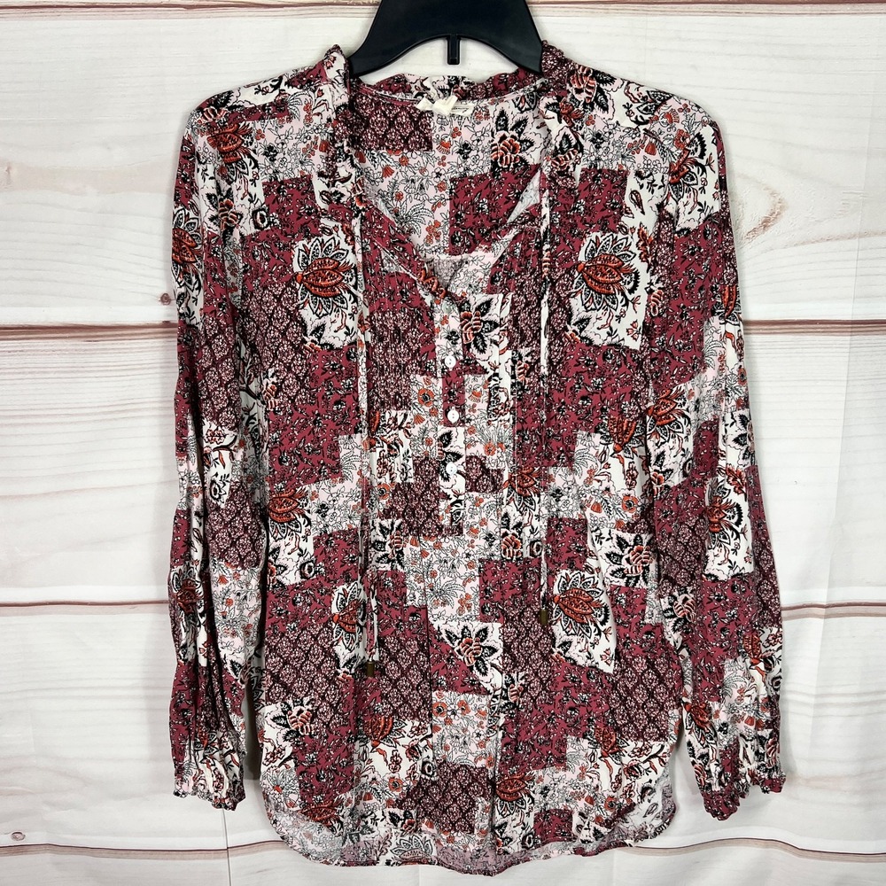 Jane & Delancey Top Womens M Floral Patchwork Print Blouse Tassels 1/2 Button